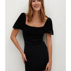 MNG Mango Womens Velvet Square Neck Puff Sleeve Smocked Mini Dress Black Size 4